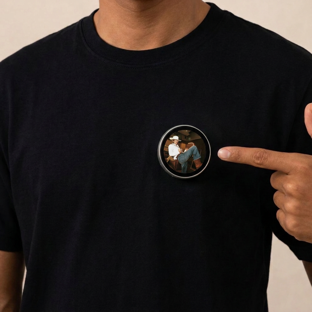 FreeMagcus badge displaying original artwork, worn magnetically on a shirt.